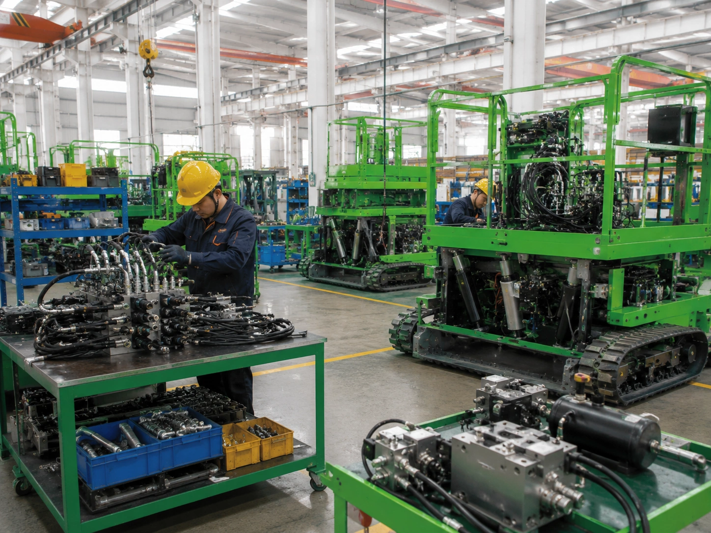 Final assembly inspection on green crawler lift