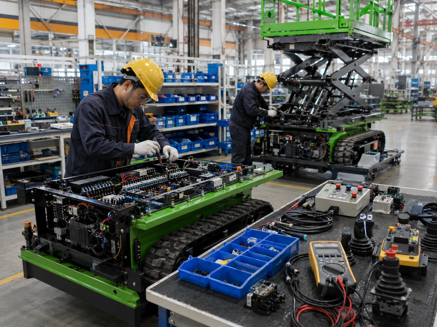 Technician checking electrical controls on a crawler platform