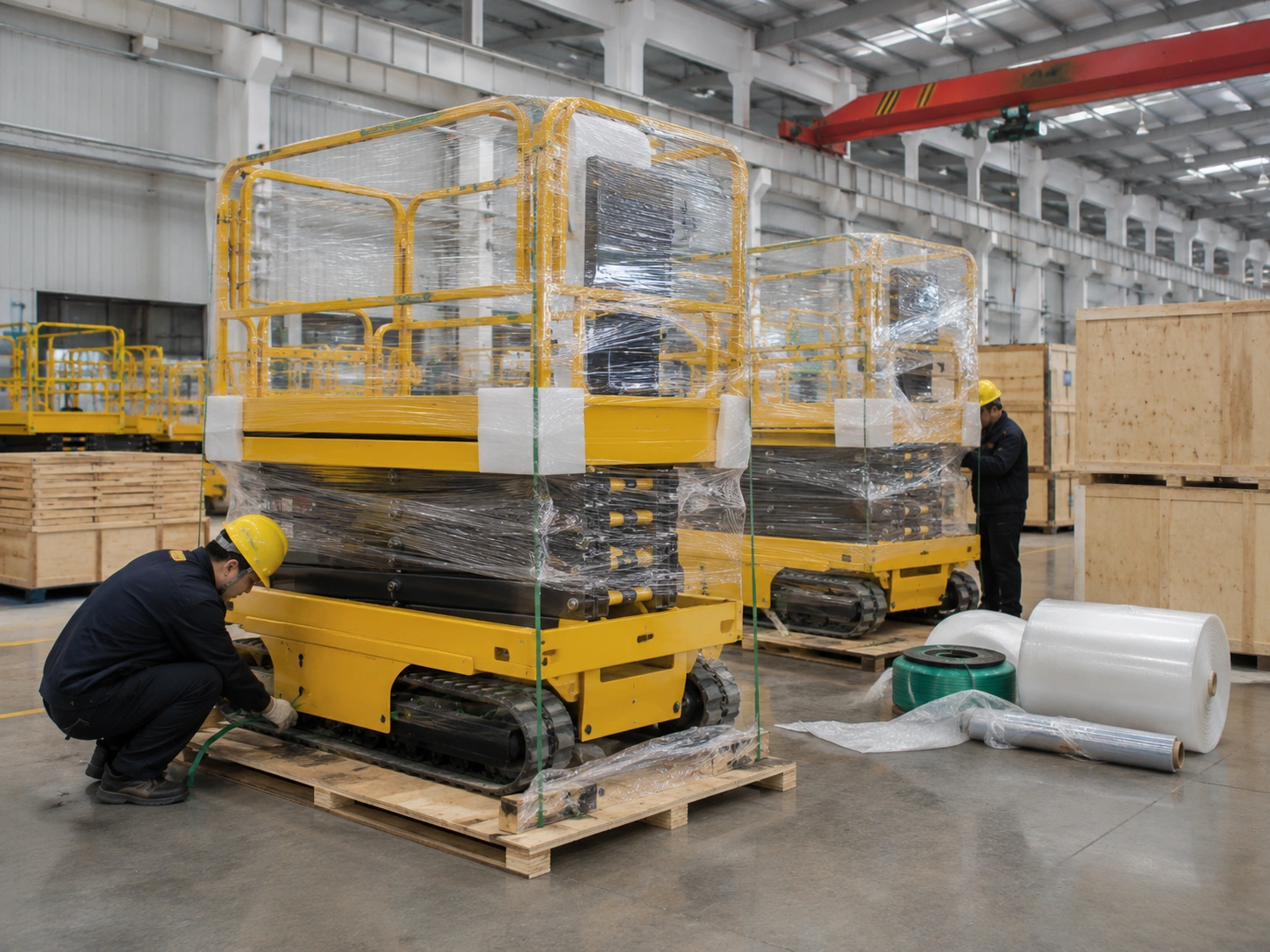 Crawler aerial work platforms packed for export shipment
