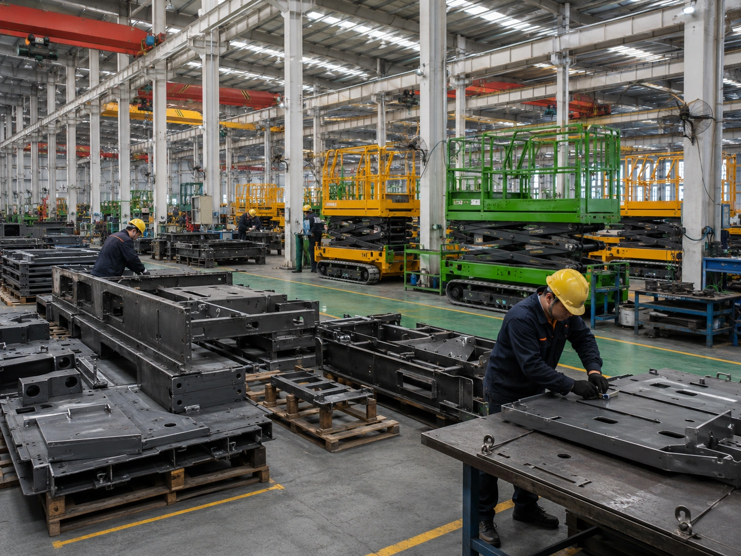 Technicians inspecting wiring and hydraulic routing