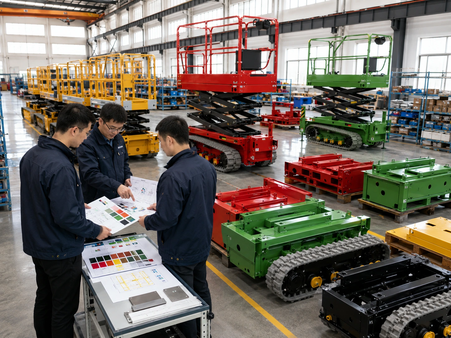 Engineering team reviewing aerial work platform designs in the factory
